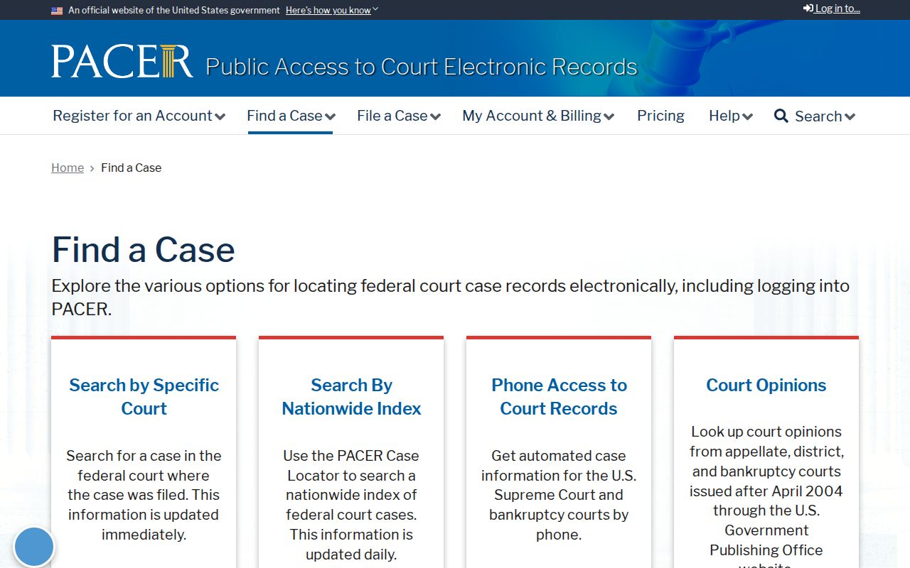 Morton County case search federal PACER find a case options